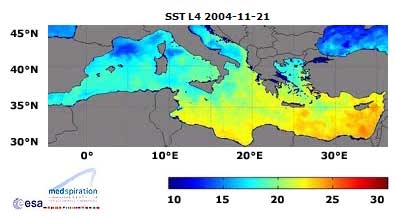 خريطة حرارة البحر الأبيض المتوسط ​​المنتجة من الفضاء