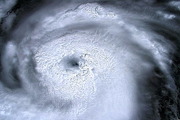 Astronauta w kosmosie wpatruje się w oko huraganu Dorian, burza kategorii 4