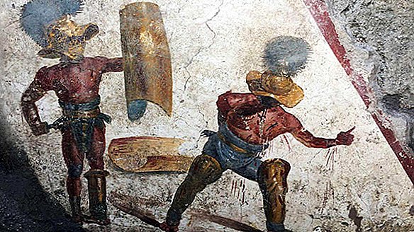 Blutiger, besiegter Gladiator tropft Gore in grausigem Fresko, das in Pompeji aufgedeckt wurde