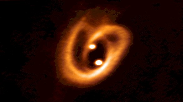 Tvillingbarnstjärnor fångade matning från deras mor, en tvinnad "kringla" av interstellärt damm