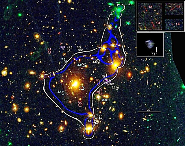 Galáxia anã quadruplicada com lentes a 12,8 bilhões de anos-luz de distância