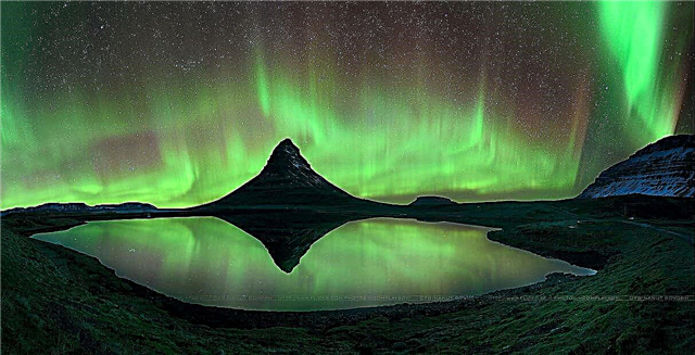 Aurora deslumbrante no Monte Kirkjufell na Islândia